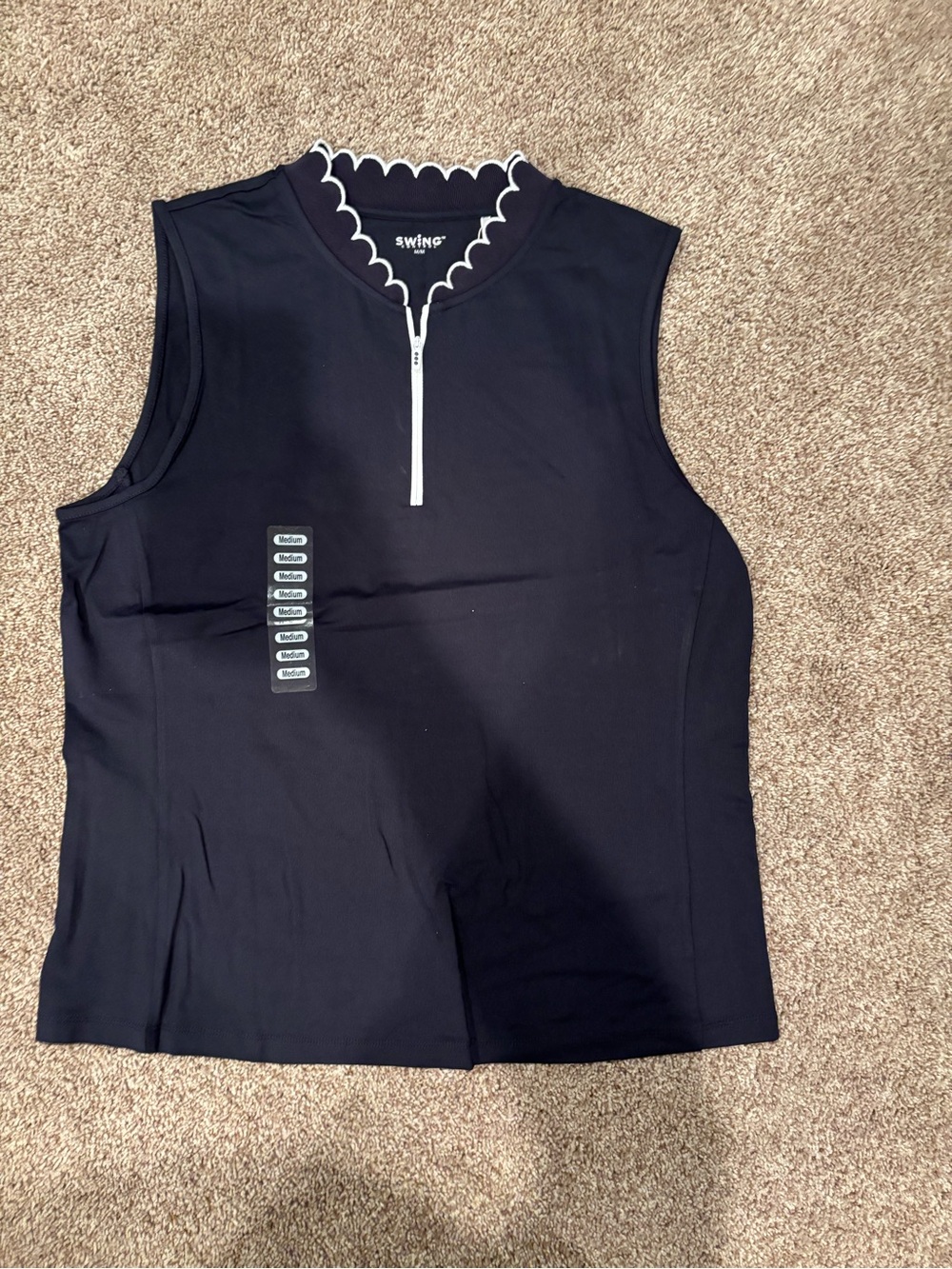Swing Navy Sleeveless Zip Tank with White Scalloped Neckline